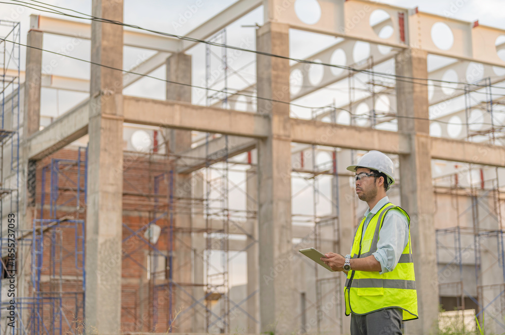 Two Asian engineer working at site of a large building project,Work overtime at construction site,Team of engineer discus at site,The architect, supervisor, and foreman meet to discuss the design Two Asian engineer working at site of a large building project,Work overtime at construction site,Team of engineer discus at site,The architect, supervisor, and foreman meet to discuss the design