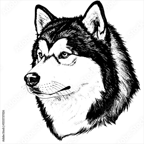 head Alaskan Malamute dog pet portrait engraving intricate retro hand drawn style line art black and white vector illustration