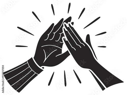 Two hands clapping together in a stark black silhouette isolated on white background
