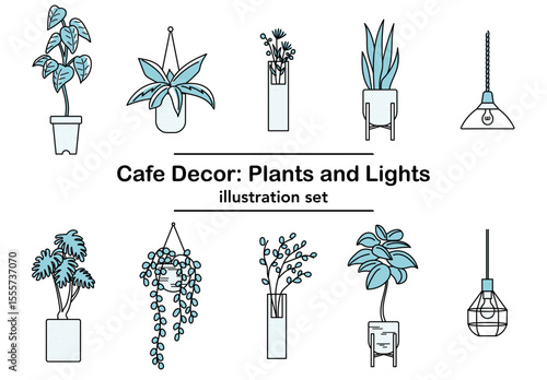 水色系のシンプルな観葉植物と照明のインテリアセットベクターイラスト｜観葉植物,ライト,鉢植え,青系,カフェ風インテリア