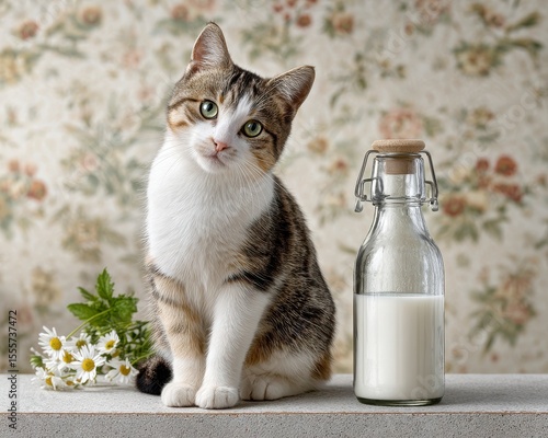 vintage cat photography Cute Cat Sitting Beside Glass Bottle of Milk With Flowers nostalgic interior with pets retro lifestyle stock image