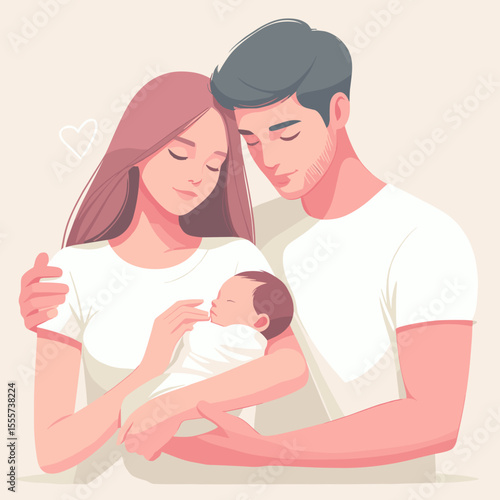 New parents with baby, tender mood, soft illustration, showcasing love and care