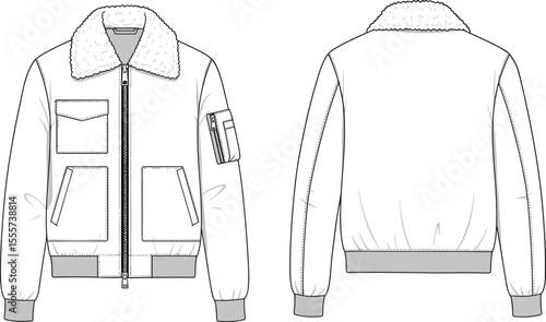 CAD drawing flat vector illustration of bomber jacket, shearling collar design, sleeve pocket, zipper closure, front and back views, fashion sketch, apparel template, garment layout
