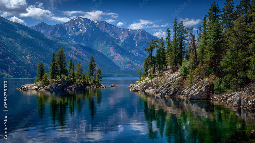 Fototapeta premium Big river and mountain landscape , blue sky.