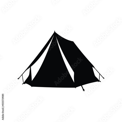 A stark black silhouette of a tent on a white background