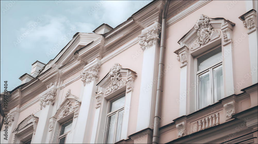 Obraz premium Pastel facade with ornate details, soft daylight. Elegant simplicity in architectural harmony.