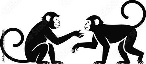 Two playful monkeys silhouette, one sitting one standing, interacting in tropical jungle setting, black vector illustration, animal behavior concept design