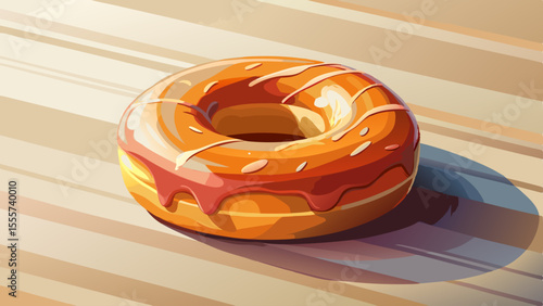 A perfectly round donut coated in glossy sugar glaze rests on white parchment paper. The glaze shines under morning light, with slight cracks adding texture. Coffee steam curls gently in the backgroun