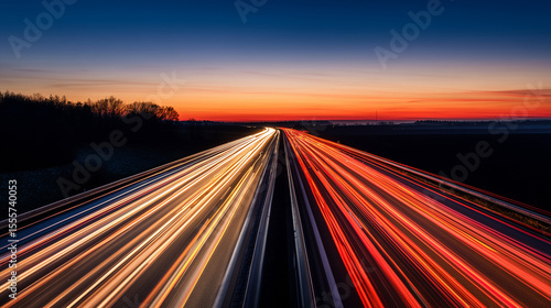 An empty highway with vibrant light trails under a warm dusk sky, capturing the essence of motion and solitude.