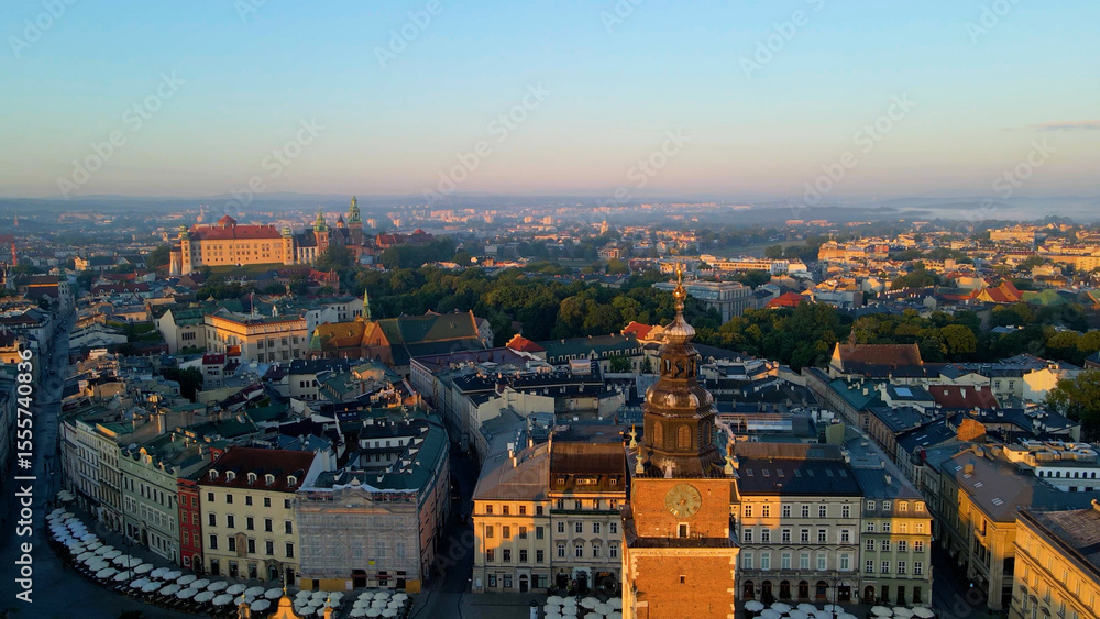 Obraz premium Drone view of European city tourism old town Krakow Poland