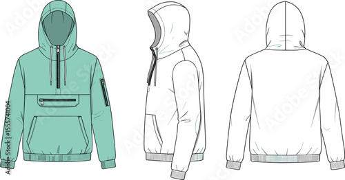 CAD drawing flat vector illustration of hoodie, front side and back views, technical sketch, fashion garment design, apparel layout, clothing template, stylish hoodie artwork