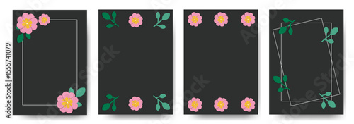 Frame poster set decorated with leaves on flowers. Vector graphic templates for banner, social media, flyer, invitation card.