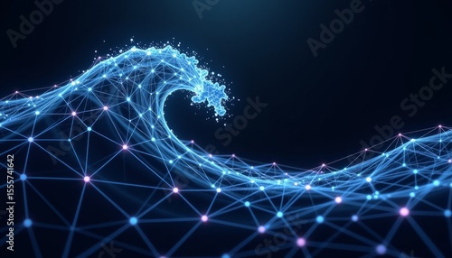 Abstract digital wave glowing blue nodes and lines forming a wave like pattern on a dark background