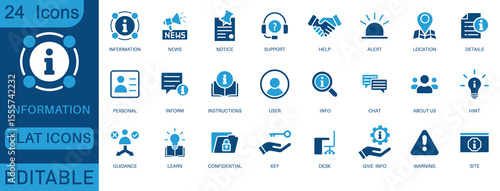 Information icon set. Containing info, help, inform, support, news, about us, instructions and notice icons. perfect flat icon collection.