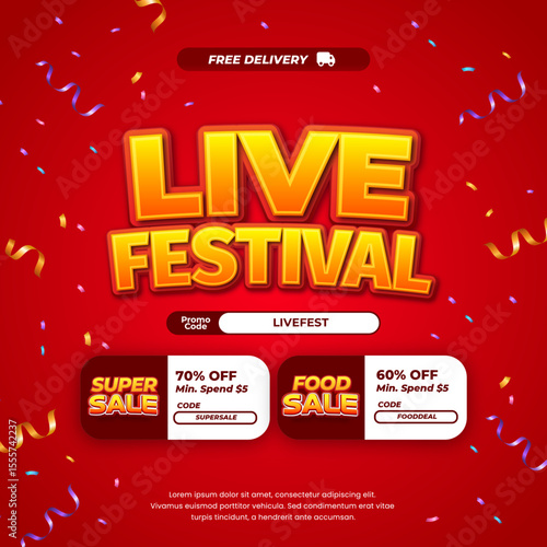 Live Festival Sale discount deals Dynamic Red gradient Editable text effect Confetti with voucher Marketing banner template