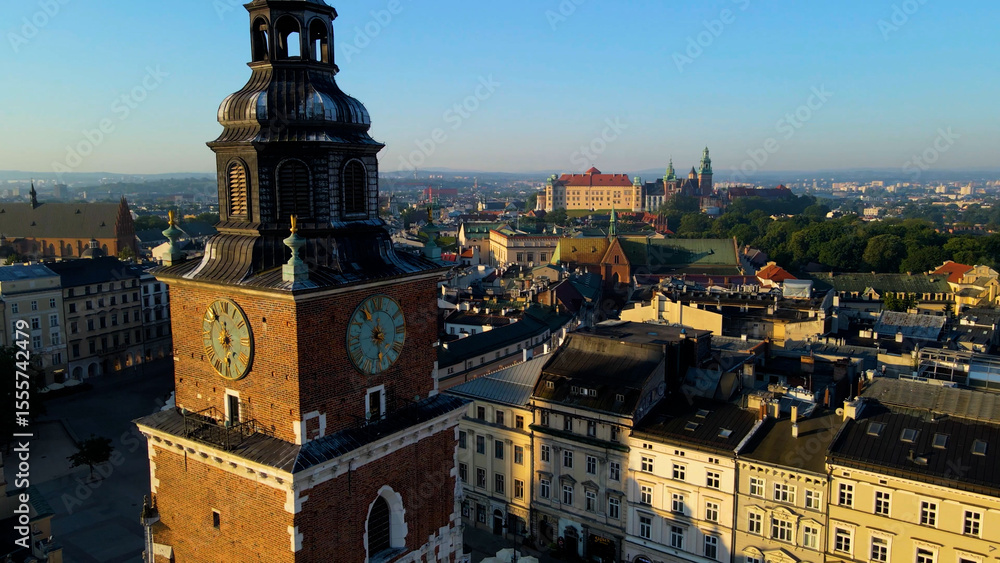 Obraz premium Drone view of European city tourism old town Krakow Poland