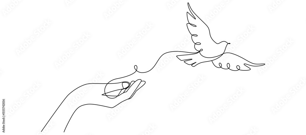 Fototapeta premium One continuous line drawing of dove of peace flying with olive twig.Pigeon icon. Vector illustration eps 10