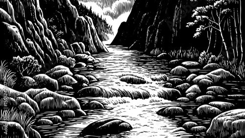 Cold mountain stream flowing through a narrow canyon, a black and white sketch vector hand drawn