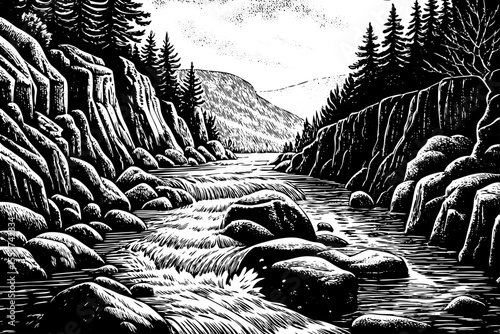 Cold mountain stream flowing through a narrow canyon, a black and white sketch vector hand drawn