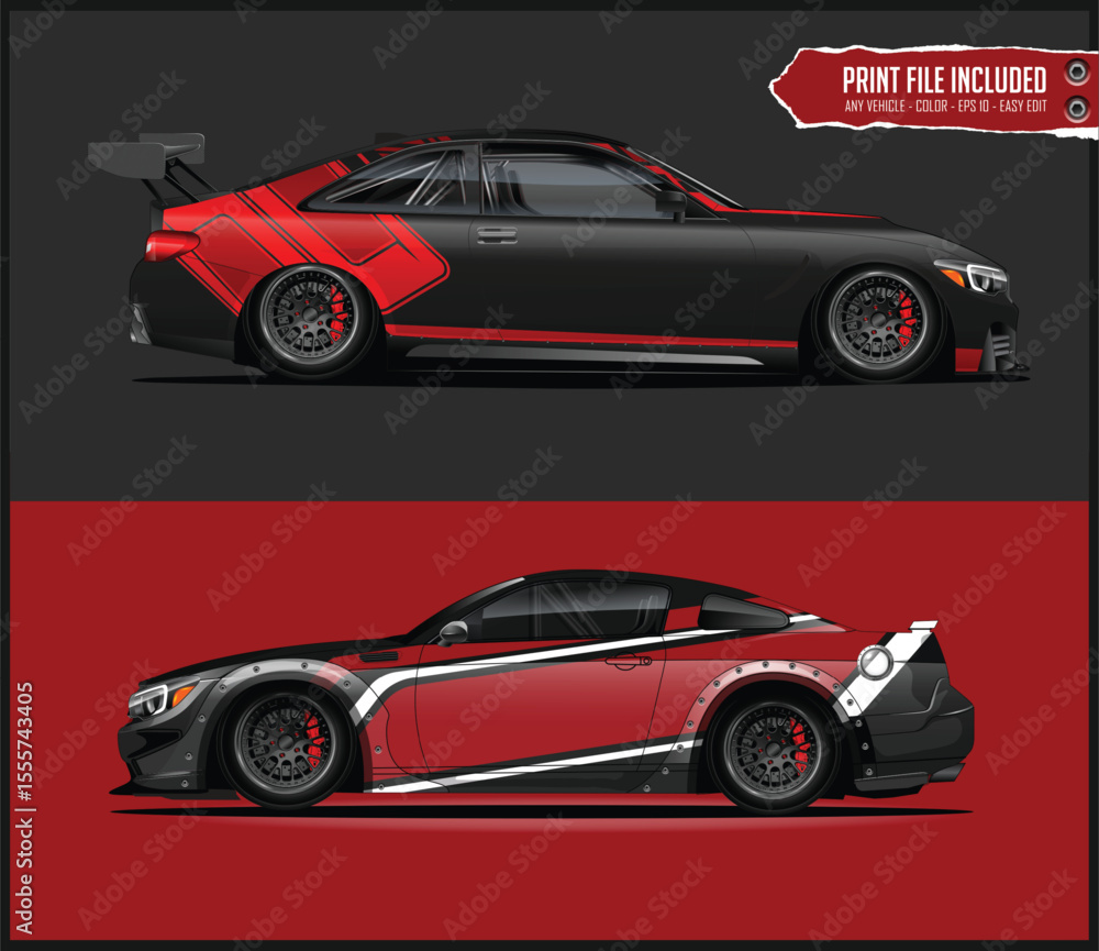 Fototapeta premium Two Racing Car Designs with Red and Black Graphics