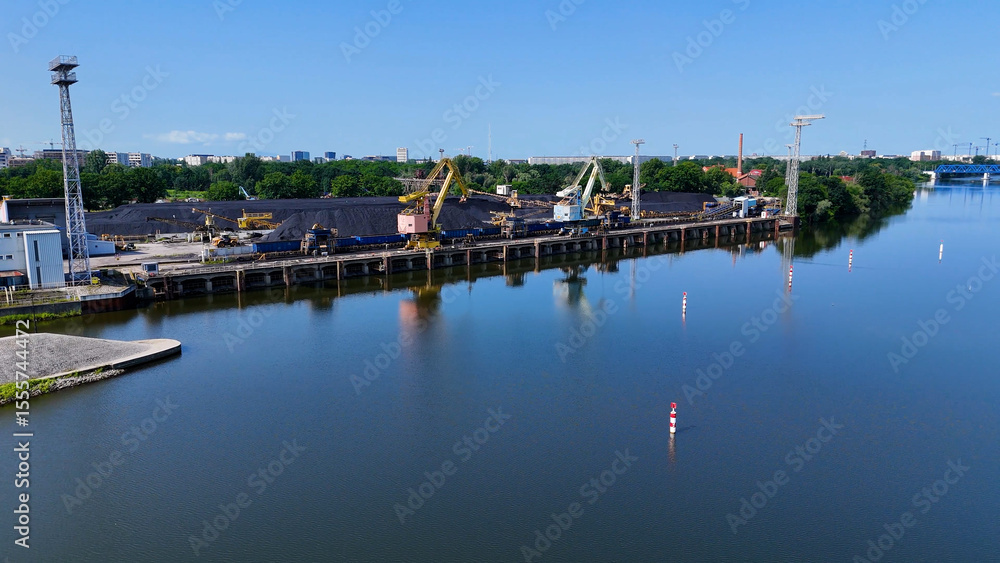 Fototapeta premium river port drone view flyover