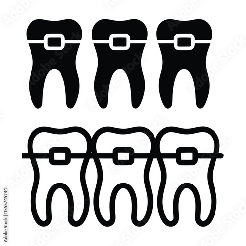 A minimalist black and white Silhouette design showing a row of four stylized teeth with braces