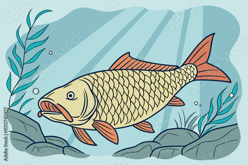  Freshwater Fish with Whiskers and Aquatic Plants Illustration