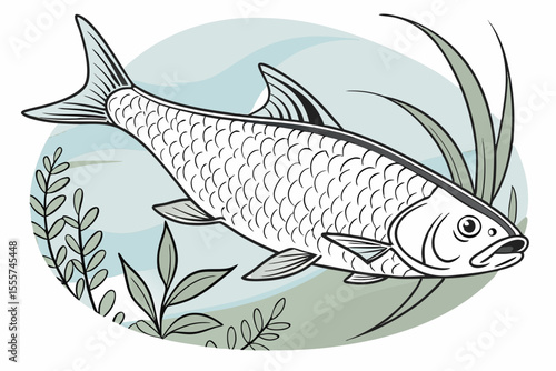  Freshwater Fish with Whiskers and Aquatic Plants Illustration