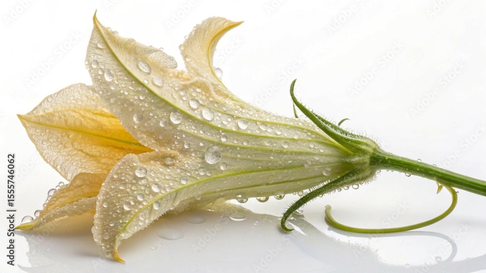 Fototapeta premium Delicate Zucchini Flower Adorned with Sparkling Water Droplets on a White Background
