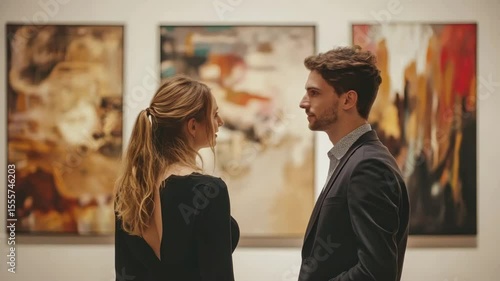 Couple admiring abstract painting in modern art gallery, sharing thoughtful conversation surrounded by warm color and creative atmosphere woman