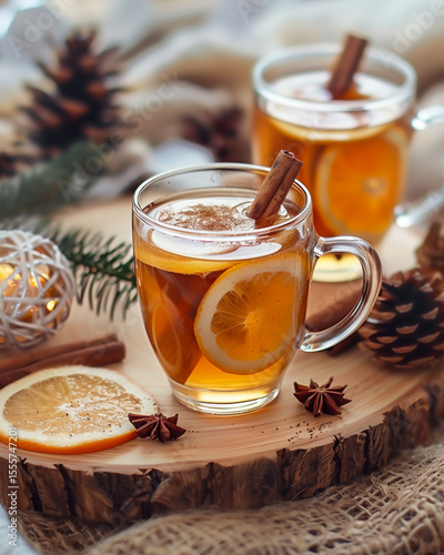 Mulled tea with lemon and spices on a wooden background.