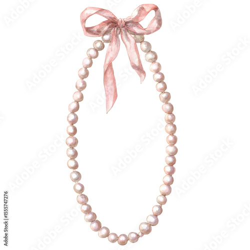 Elegant pearl necklace watercolor illustration with a delicate pink bow on a transparent backdrop, ideal for feminine designs, transparent background