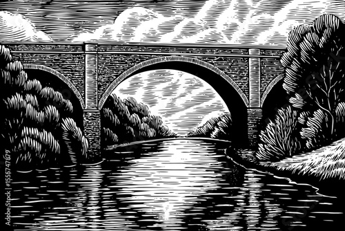 reflective river flowing beneath a historic stone arch bridge, a black and white sketch vector hand drawn