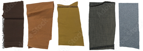 Isolated collection of diffirent scraps of fabric with copyspace on white background