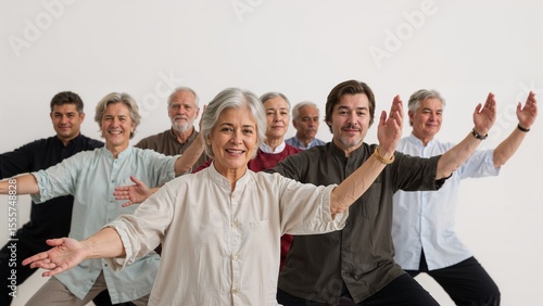 Group of older adults practicing tai chi together in a bright studio with a white background smiling