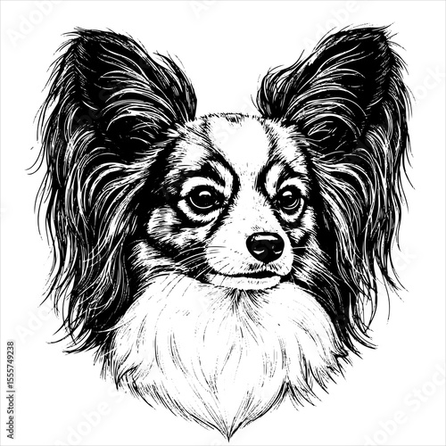 head Papillon dog pet portrait engraving intricate retro hand drawn style line art black and white vector illustration, isolated on white background