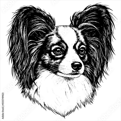 head Papillon dog pet portrait engraving intricate retro hand drawn style line art black and white vector illustration, isolated on white background