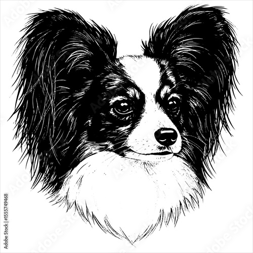 head Papillon dog pet portrait engraving intricate retro hand drawn style line art black and white vector illustration, isolated on white background