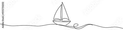 Black sailboat in single line art style. Editable minimalist boat drawing on white background. Vector illustration.