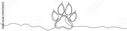 Black animal paw print in one line art style. Paw print drawing with editable stroke on white background. Vector illustration.