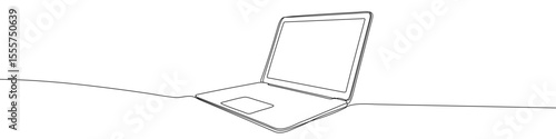 Black laptop in one line art style. Laptop drawing with editable stroke on white background. Vector illustration.