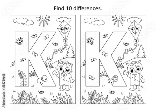 Letter K difference game and coloring page. K is for kitten. K is for kite.
