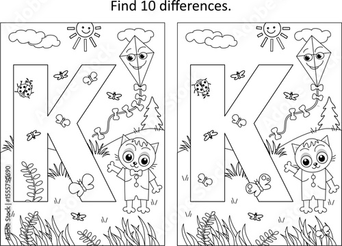 Letter K difference game and coloring page. K is for kitten. K is for kite.
