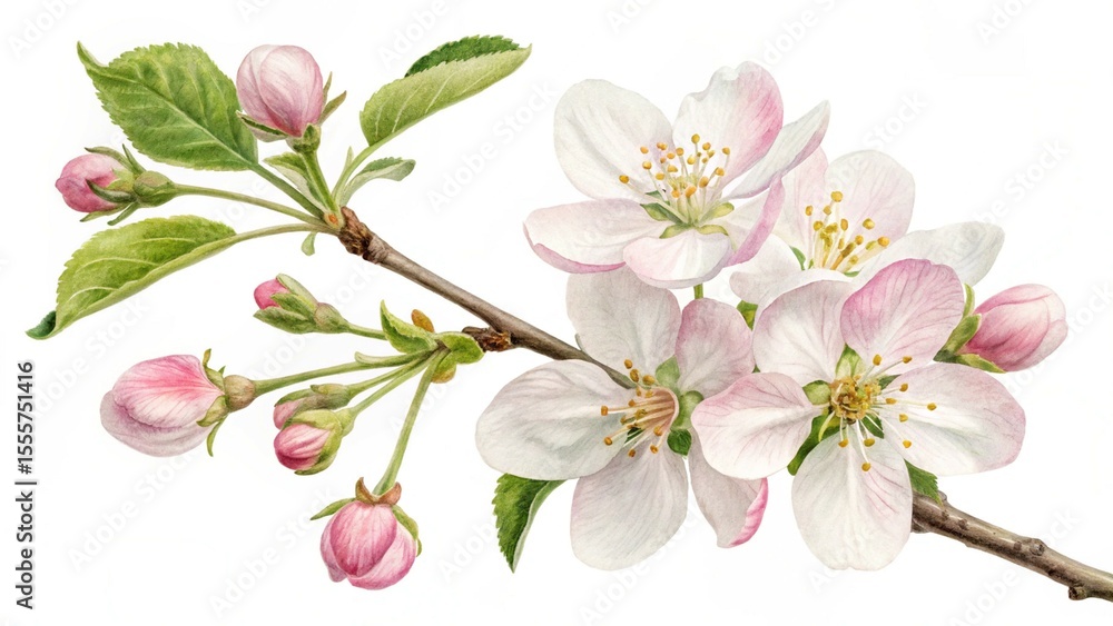 Fototapeta premium Delicate Watercolor Painting of Apple Blossoms on a Branch with Buds