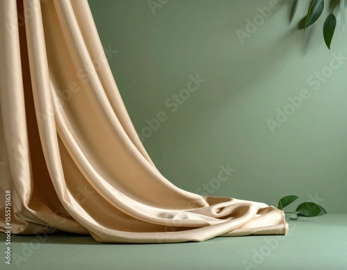 Beige Fabric Draped on Sage Green Background