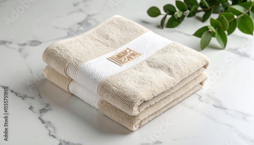 Beige Folded Towel with Embroidered Patch on Marble Background