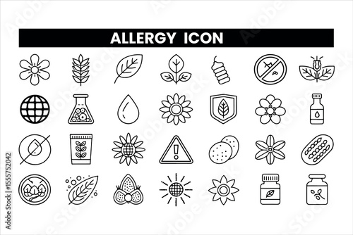 Set of  outline icons related to allergy. Linear icon collection. Editable stroke. Vector illustration
