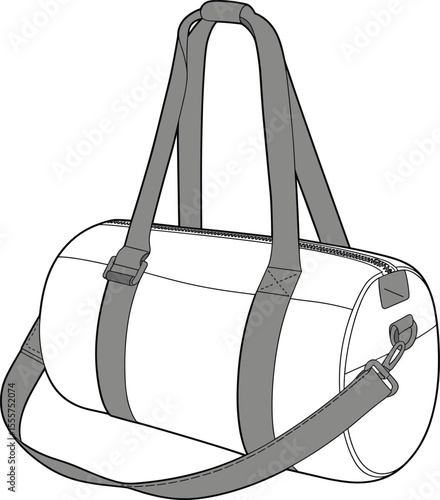  Sleek Barrel Bag Flat Sketch: Modern Gym Duffel Design, Sport Accessory Illustration, Weekend Getaway Carryall, Fitness Equipment Vector, Stylish Round Travel Bag Outline.
