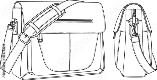Stylish Messenger Bag Flat Sketch: Modern Crossbody Design, Fashion Accessory Illustration, Versatile Shoulder Bag Vector, Urban Daily Commute Essential, Contemporary Style Statement.