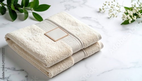 Beige Folded Towel with Embroidered Patch on Marble Background